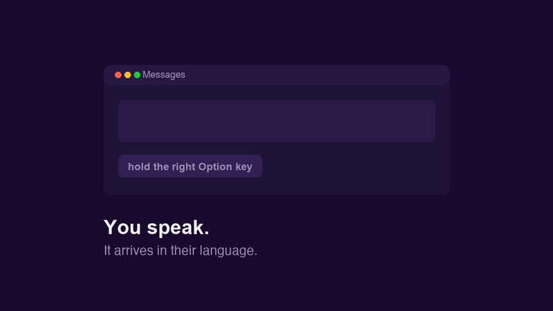 Holding right Option and speaking types the
           translation where your cursor is on the Mac